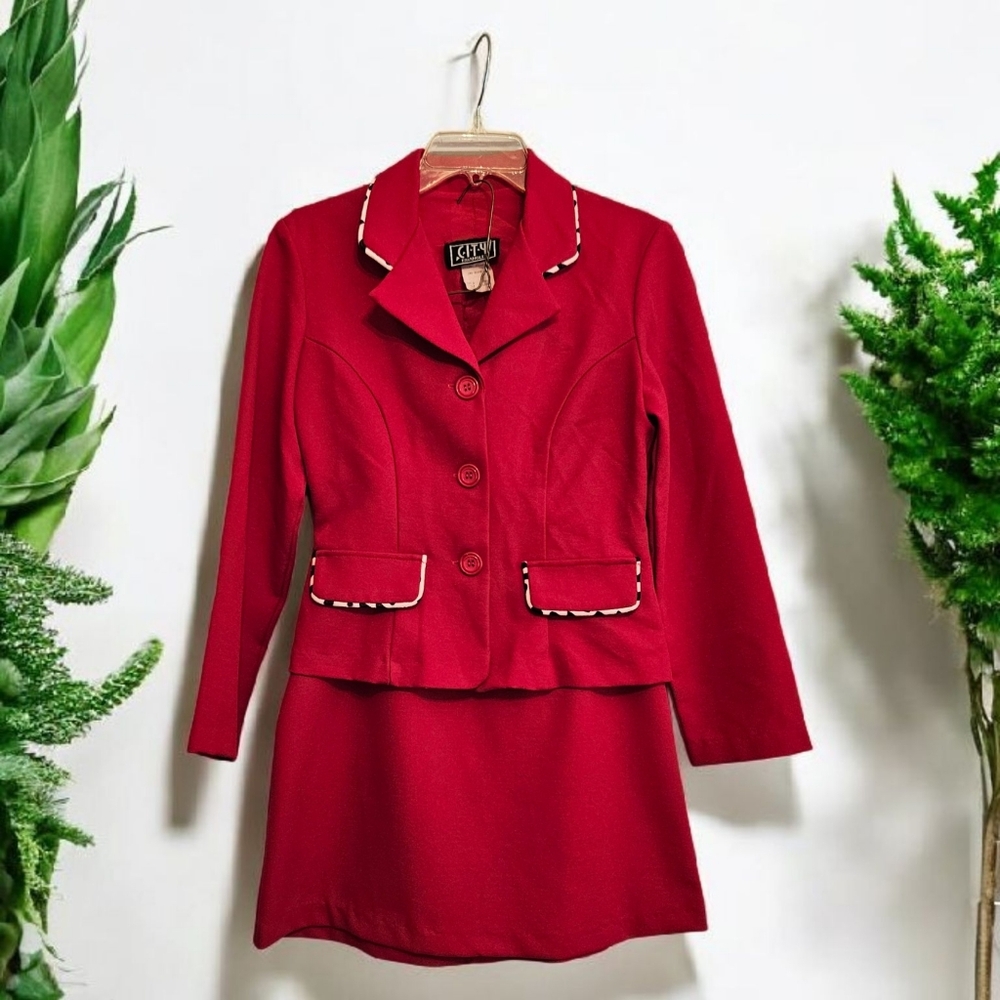 Red 2pc Suit w/ Zebra Accent Trim. Vintage 90s Sz 5